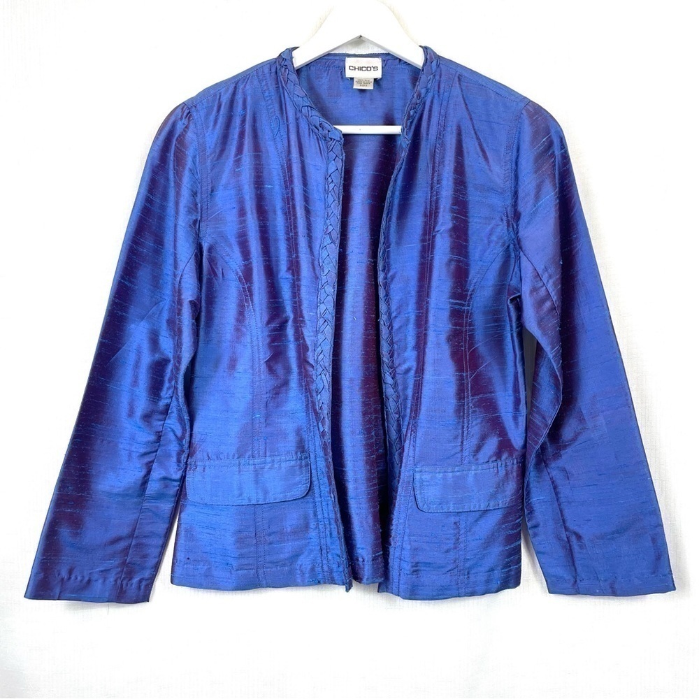 NEW Chico's Iridescent Blue Blazer Jacket Chin's Size 0 Standard Size 4…